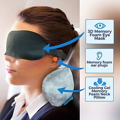 Cooling Gel Memory Foam Neck Travel Pillow,3D Memory Foam Sleep Mask + Earplugs