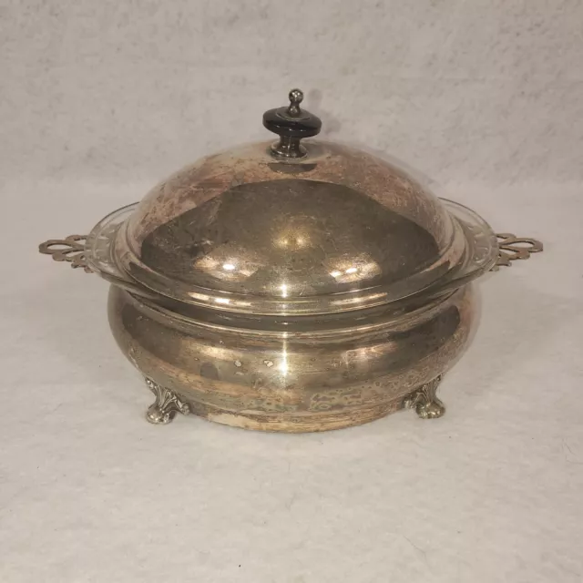 Antique SilverPlate Round Covered Casserole Serving Dish Glass Pyrex Insert 1 qt