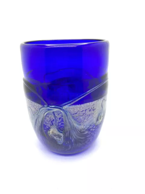 FREDERICK WARREN  VTG Signed Studio Hand Blown Glass Cobalt Blue Tumbler   READ