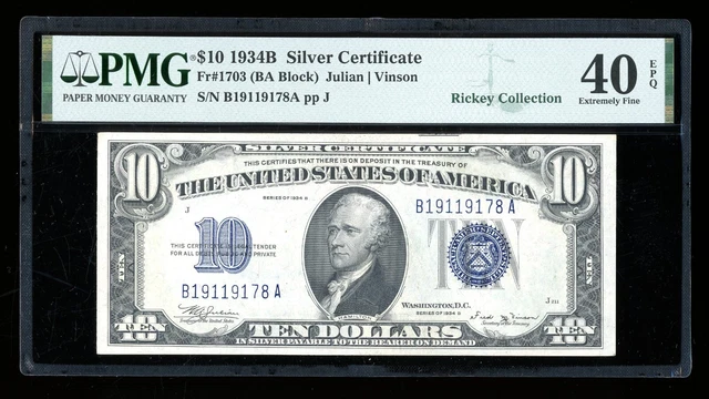DBR 1934-B $10 Silver Vinson Fr. 1703 PMG XF-40 EPQ Serial B19119178A
