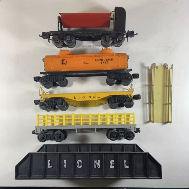 Lionel Trains 3659 Side Dump Car, Bridge, Tanker, Flat Beds Lot - O Gauge