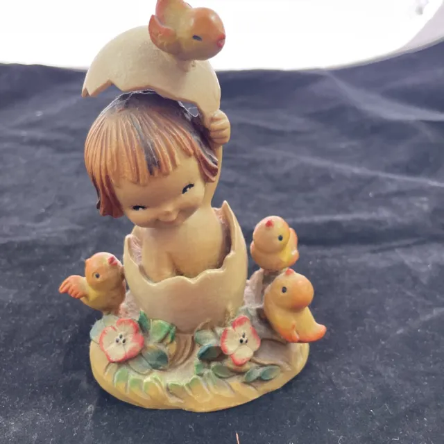 Anri Ferrandiz Wood Carving"Girl In Egg"Figurine Baby Chick Spring Easter 5 3/8"