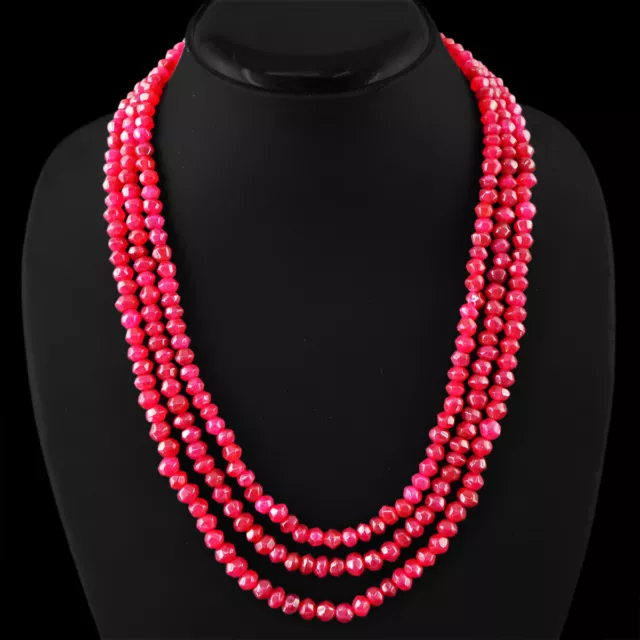 Beautiful 380.00 Cts Earth Mined 3 Strand Faceted Red Ruby Beads Necklace (Rs)