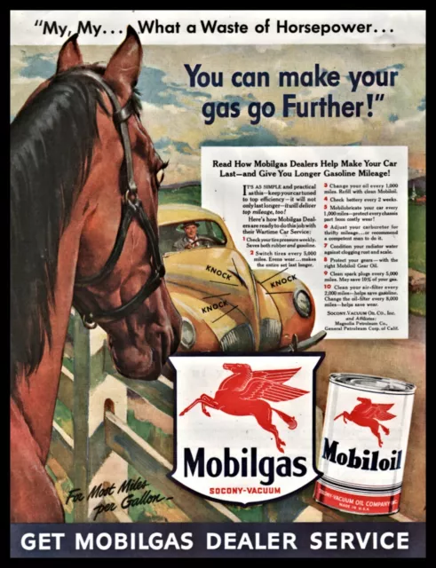 1942 WWII MOBIL Red Horse Waste of Horsepower Gasoline Oil Vintage AD