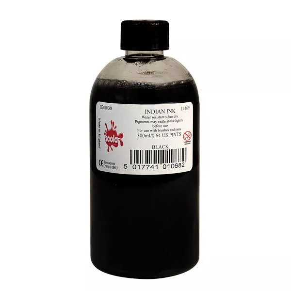 BLACK INDIAN DRAWING INK 300ml BOTTLE SCOLA WATER BASED ARTIST PIGMENT INK