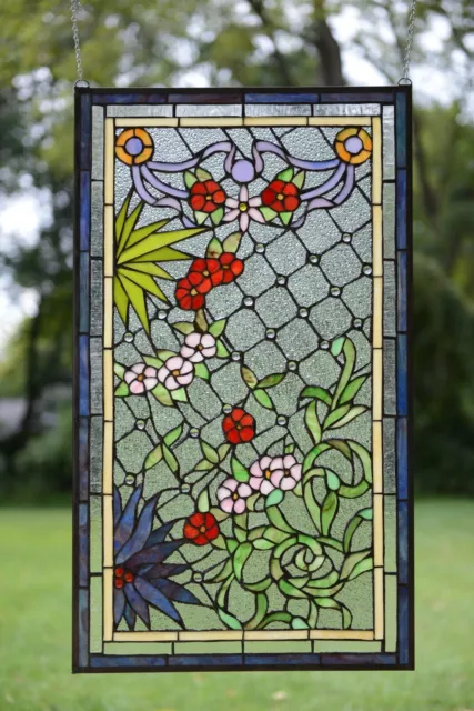 20" x 34" Lg Decorative Handcrafted Jeweled stained glass window panel flower