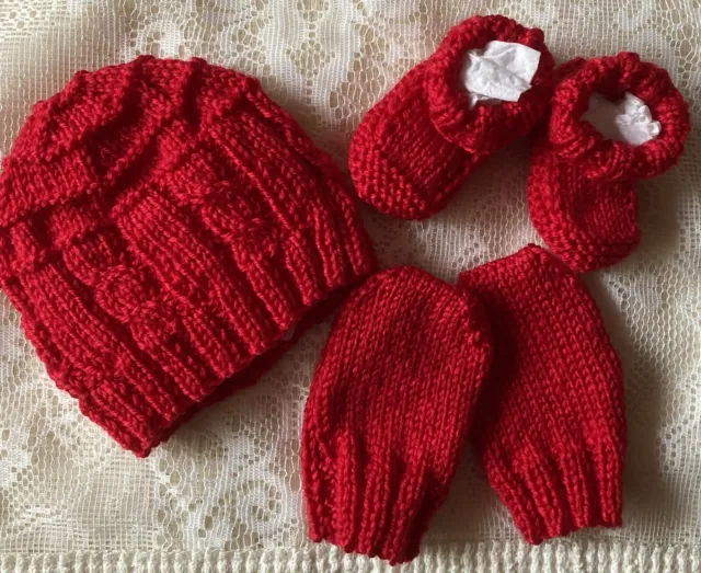 Beanie, Booties & Mittens Set, Hand-Knitted By Me.  Bright Red. Newborn. Cute