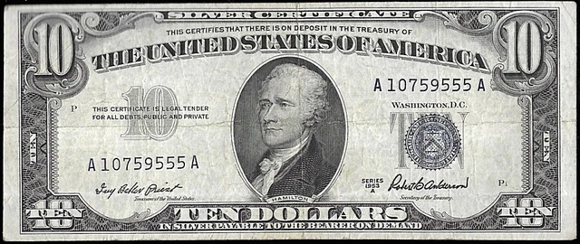 1953 A $10 Ten Dollar Silver Certificate Blue Seal FR 1707 VF or Better