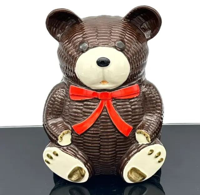 Otagiri Ceramic Teddy Bear Coin Bank Basket Weave Red Bow Hand Painted VTG 1979