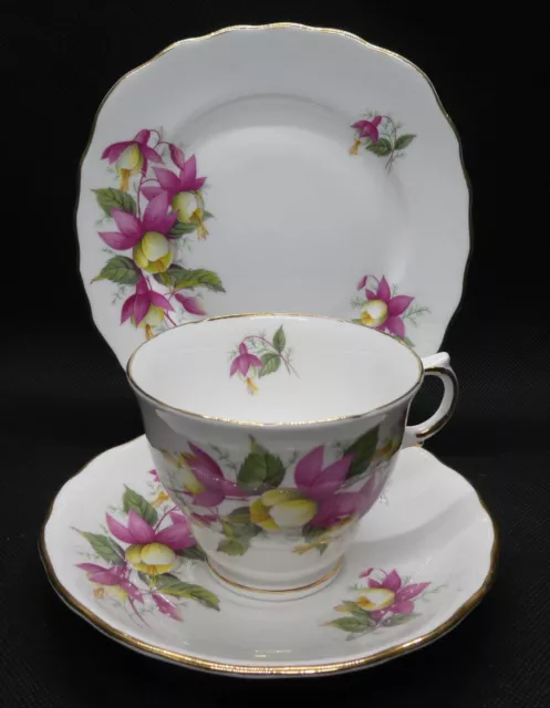 Royal Vale Bone China Trio - Cup, Saucer, Plate with Pink Fuchsia's