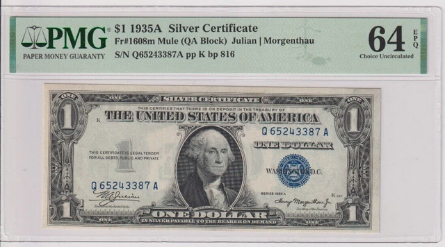 Fr 1608m 1935A Mule $1 SC Q65243387A bp 816 PMG 64EPQ 1935-A