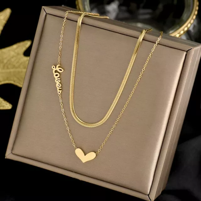 Titanium Steel Gold Plated Heart Love Pendant Necklace Chain Jewelry Women Gift