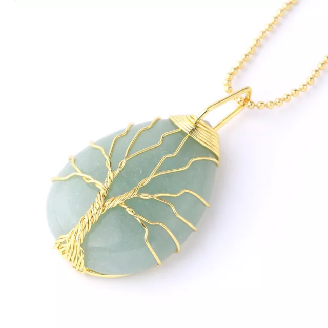 Natural Gemstones Crystal Teardrop Silver Wire Tree of Life Reiki Chakra Pendant
