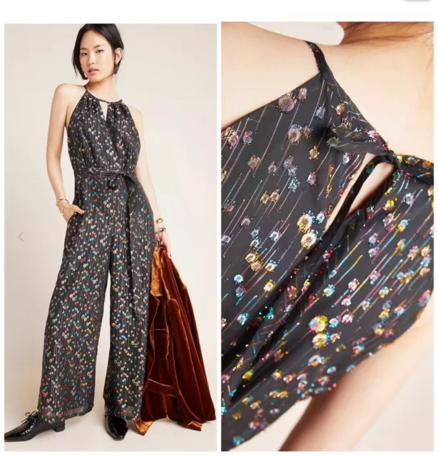 ANTHROPOLOGIE EVA FRANCO Edita Halter Jumpsuit Shimmer Metallic