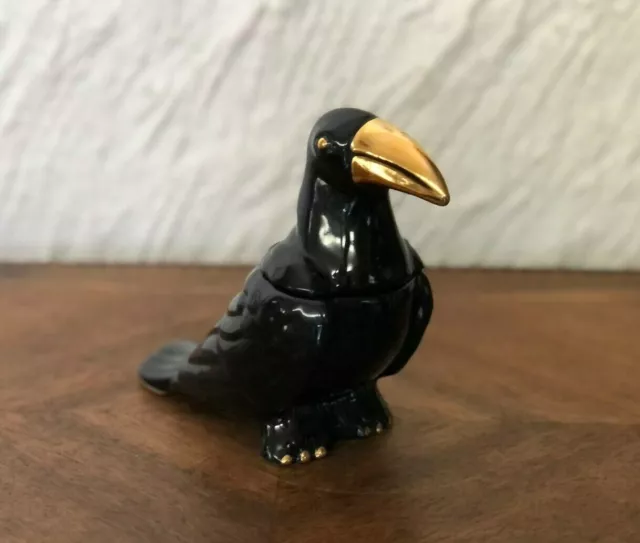 Boîte à bijoux bonbonnière en céramique forme oiseau noir et doré