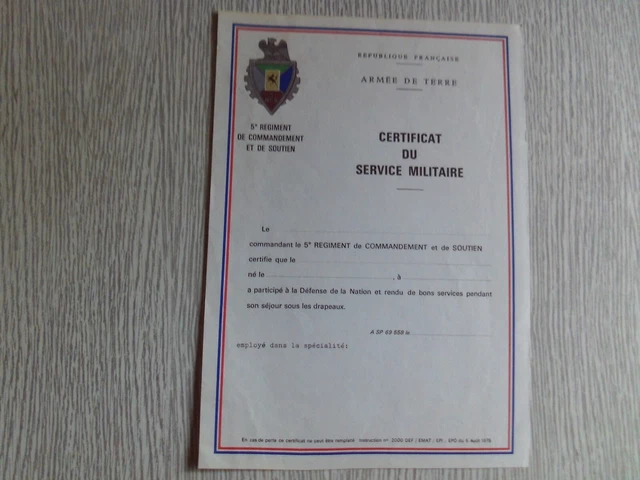 CERTIFICAT SERVICE MILITAIRE 5 Eme Regiment Commandement Et Soutien EUR