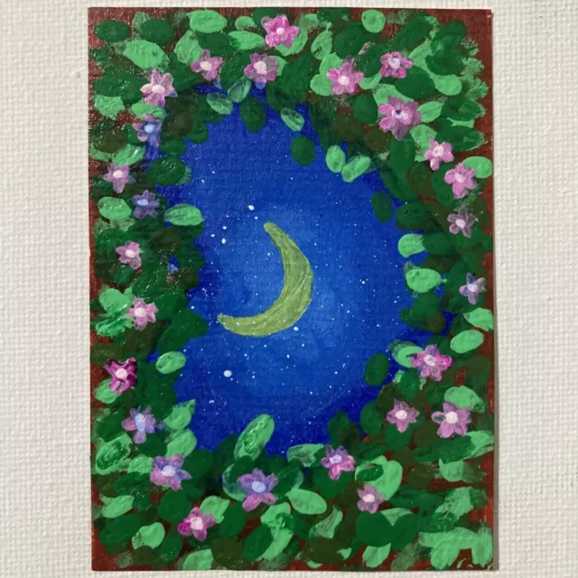 ACEO ORIGINAL PAINTING Mini Collectible Art Card Nature Night Flowers Moon Ooak