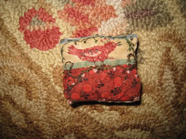 Primitive tiny Sampler Pillow~ The Little Bird~Early Antique~ Quilt~Folk Art