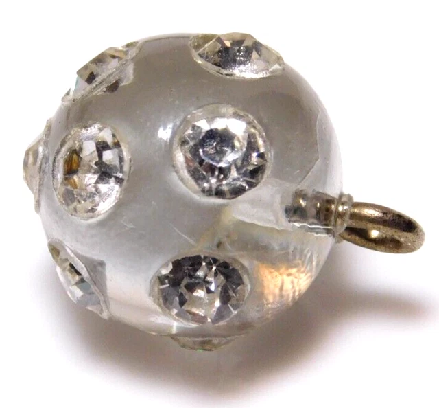 Antique Vtg Crystal Clear Lucite Ball BUTTON w Clear Glass Jewels NICE #J1