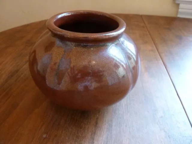 Studio Art Pottery Round Ribbed Pumpkin Shape Glazed Vase 3 1/2 in 