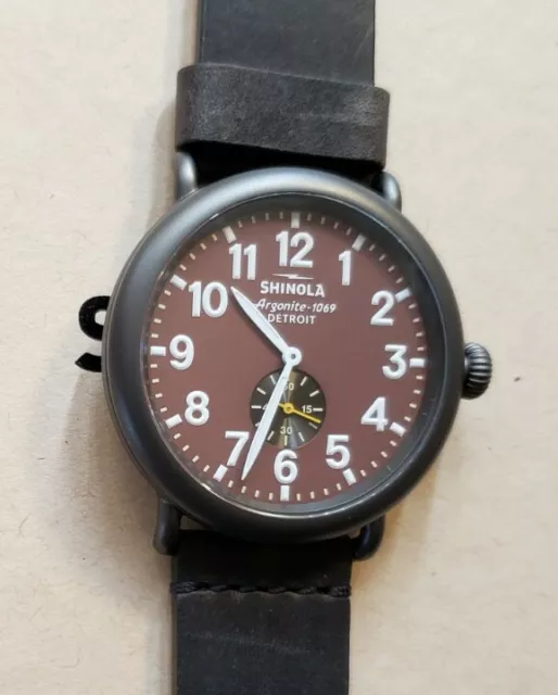 Shinola Runwell Watch with 47mm Brown Burgandy Tone Face & D Brown Leather Band.