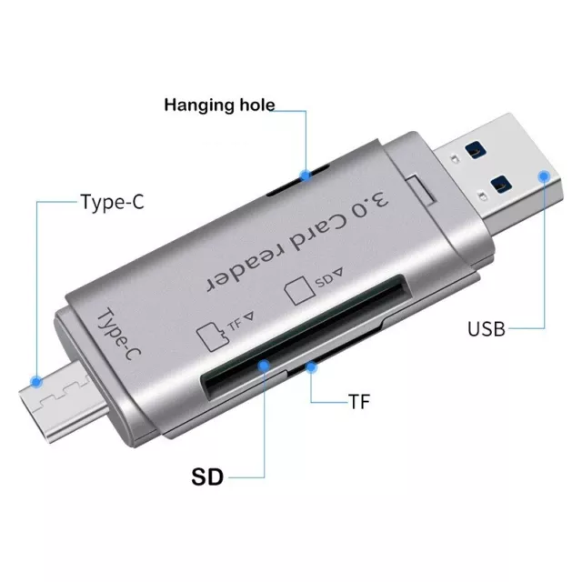 Lecteur cartes 5 en 1 Multifonction Usb 3.0 Type C Usb Micro Usb couleur gris 3