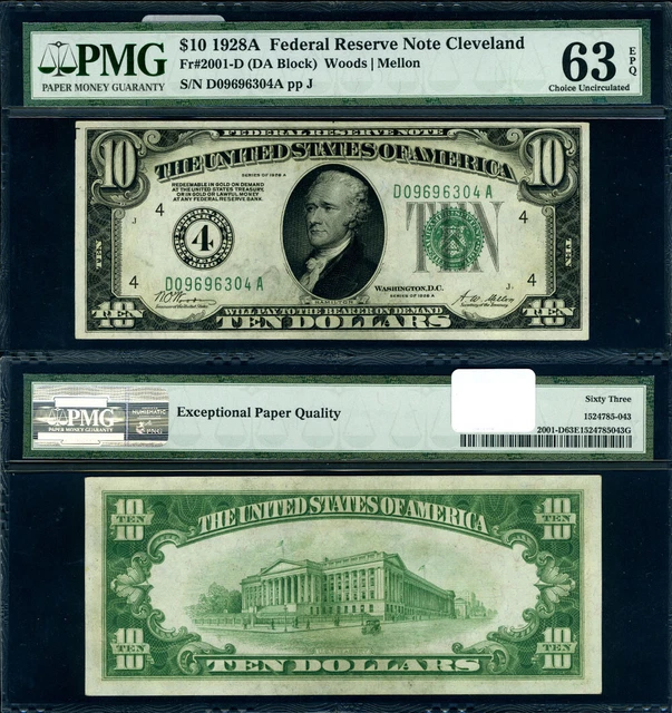 FR. 2001 D $10 1928-A Federal Reserve Note Cleveland D-A Block Choice PMG CU63 E