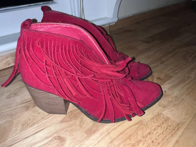 Wild G Women's Size 6 Red Fringe Ankle Booties Vegan  Suede Slip On