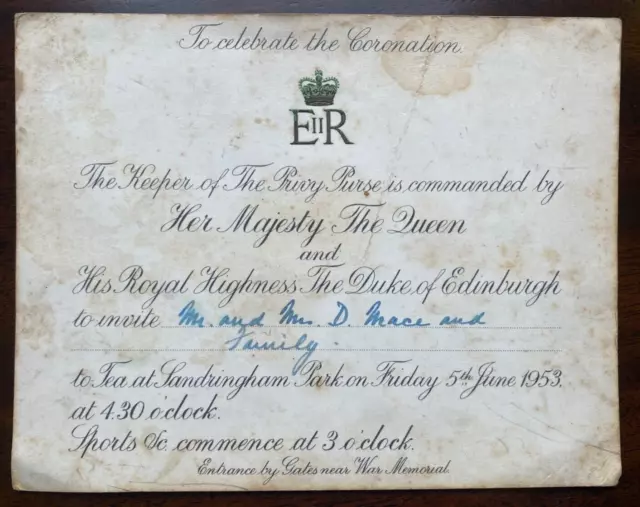 Antique Royal Coronation Invitation Sandringham Hosted by Queen Elizabeth II