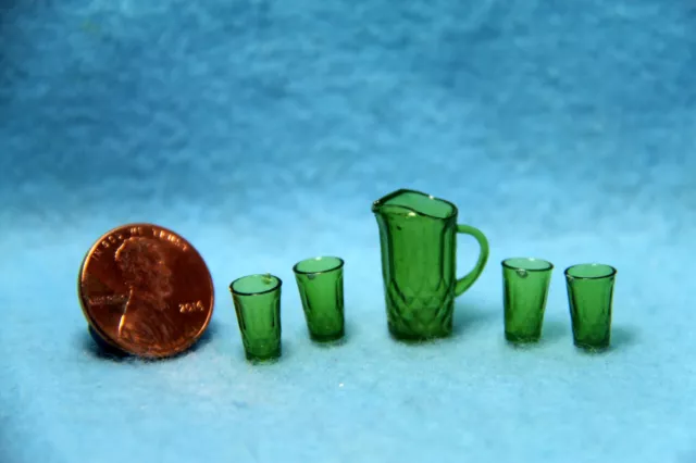 Dollhouse Miniature Chrysnbon Water Pitcher and Drinking Glass Set Green CB88EG
