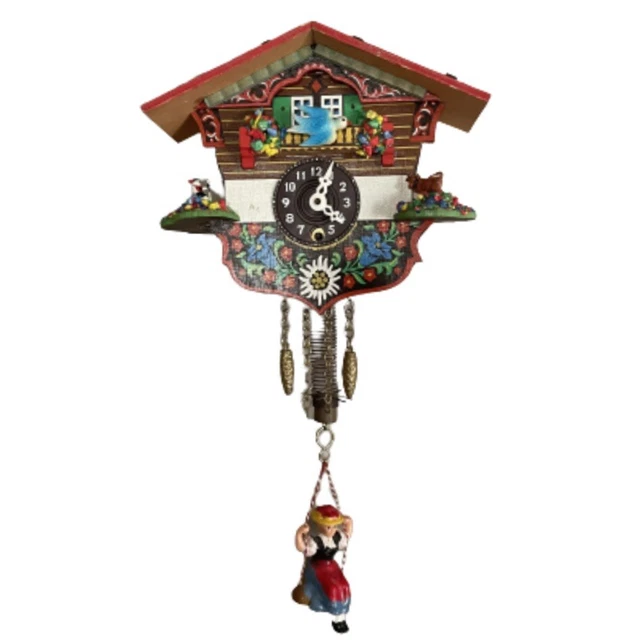 VINTAGE GERMAN BAVARIA Wind Up Wooden Cow Bird Man Painted Cuckoo Clock