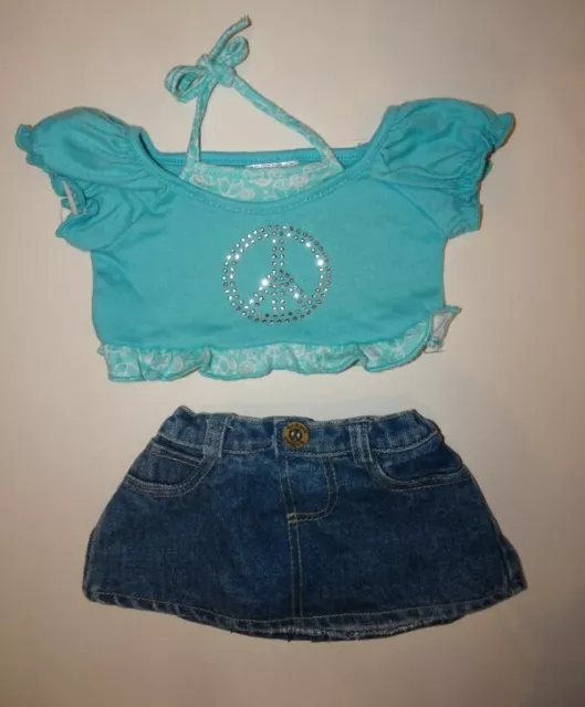 Build A Bear Girls Denim Jean Skirt Peace Shirt Blue Teddy BABW Lot Original
