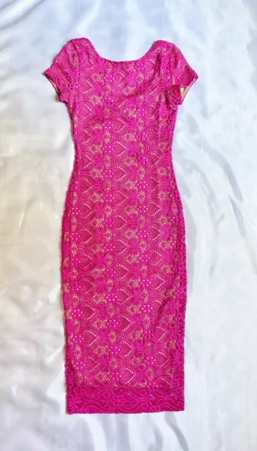 VA VA VOOM size Small hot pink lace lined short sleeve midi pinup wiggle dress