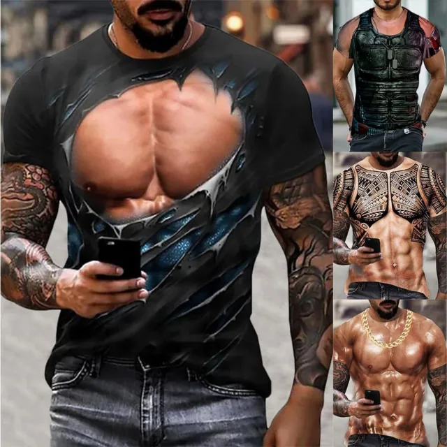 Männer 3D Muscle Tattoo Print T-Shirt,Kurzarm Digitaldruck Shirts Tops Bequemes