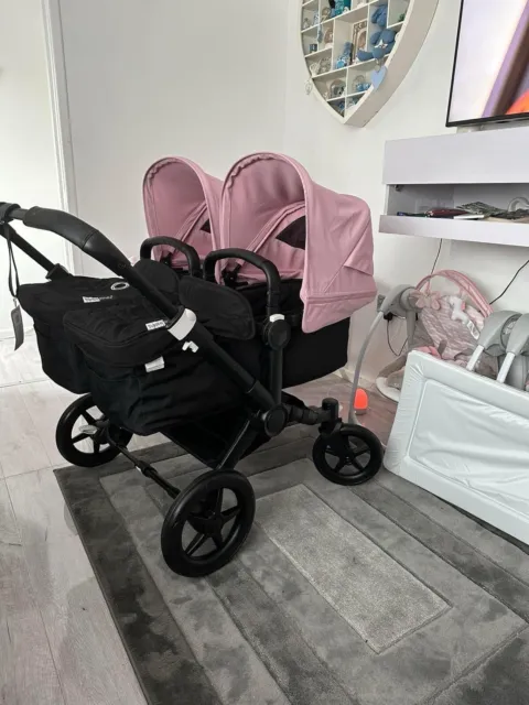 bugaboo donkey 3 twin Full Black Chassis Pink Hoods With Extras