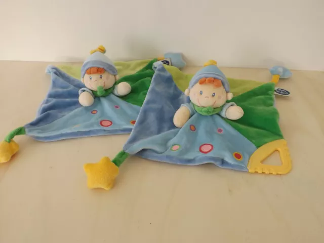 lot deux doudous garçon clown ronds vert bleu mots d'enfants