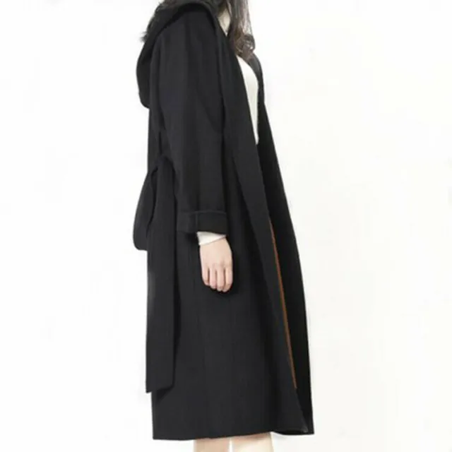 Chic Womens 100% Cashmere Woolen Coat Long Belt Hooded Overcoat Trench Coat Warm