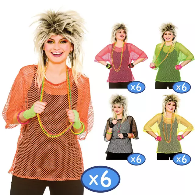 MESH TOP NEON Colours 6 Pack 80s Retro Fishnet Fancy Dress