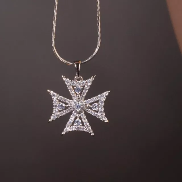 18K White GOLD MADE WITH SWAROVSKI CRYSTAL MALTESE CROSS PENDANT NECKLACE 2