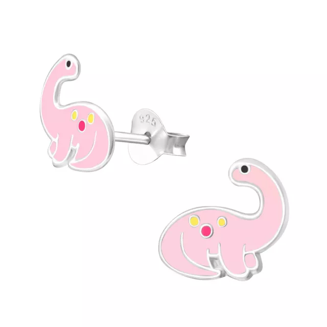 925 Sterling Silver Cute Dinosaur Pink Brontosaurus Kids Girls Stud Earrings