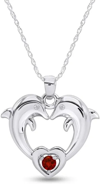 Simulated BirthStone Two Cute Dolphins Heart Pendant Necklace Sterling Silver