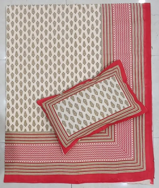 Cama de algodón indio King Sanganeri BlockPrint con 2 fundas de almohada