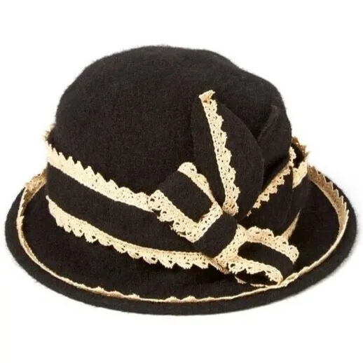 Jeanne Simmons Wool Bucket Hat Vintage Style Cloche Ivory Crochet Lace Trim Bow