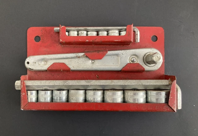 VINTAGE RATCHET SOCKET Set Red Wall or Car Mounted Holder Made in Japan ...