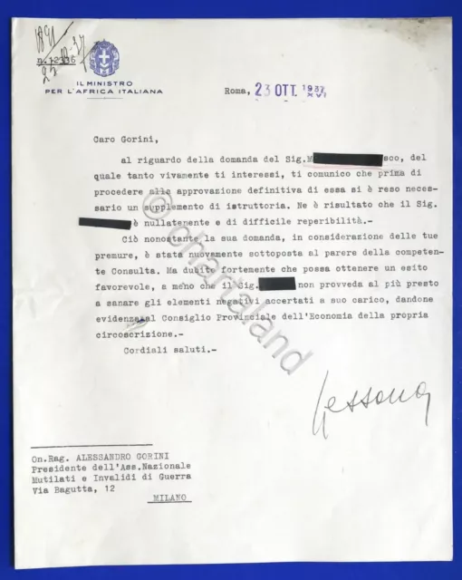 Lettera con autografo del ministro Alessandro Lessona - 1937