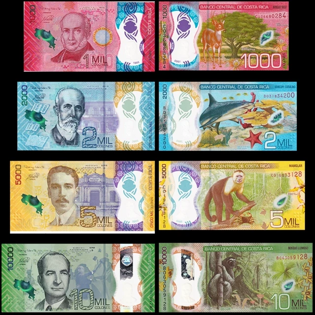 Costa Rica Set 4 PCS, 1000 2000 5000 10000 Colones Polymer Animal P-280-283 UNC