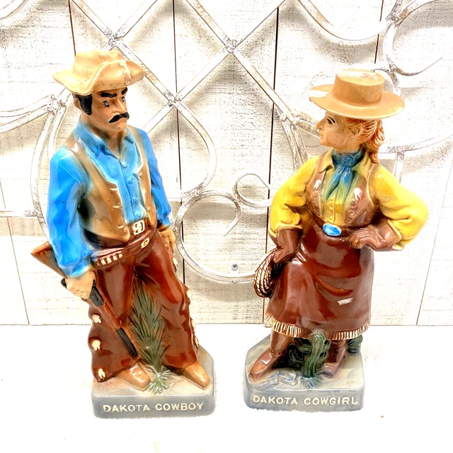 VTG 1975 & 1976 EZRA BROOKS DAKOTA COWBOY and DAKOTA COWGIRL WHISKEY DECANTERS