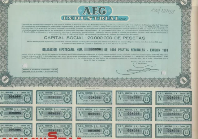 AEG Industrial S.A.  - Obligation 1000 Pesetas - Madrid 1963