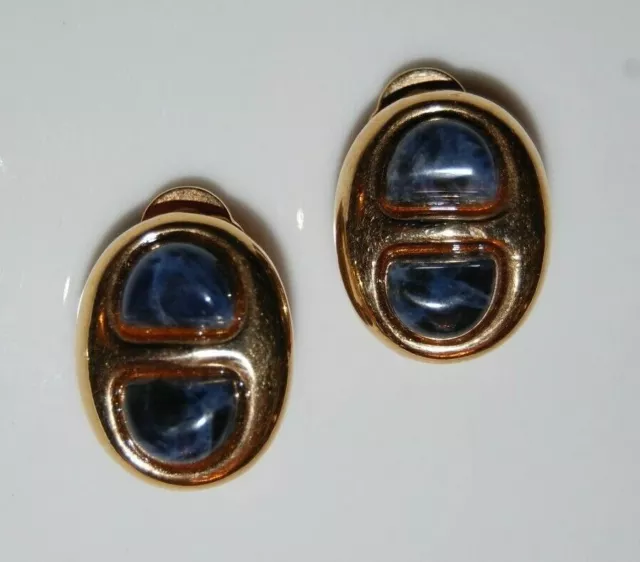 Elegant Vtg 80 Francesca Romana Couture Blue Cabochons Golden Oval Clip Earrings
