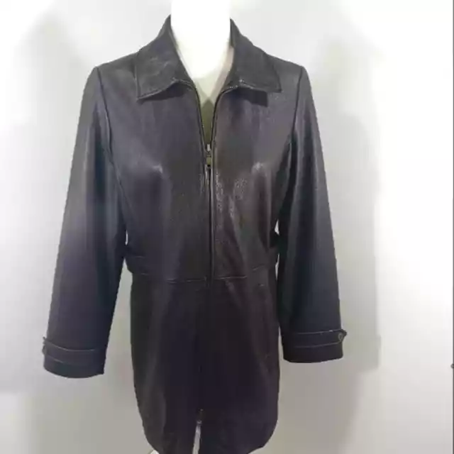 W56 EUC $450 Eddie Bauer Trench Leather Jacket size Petite M 2